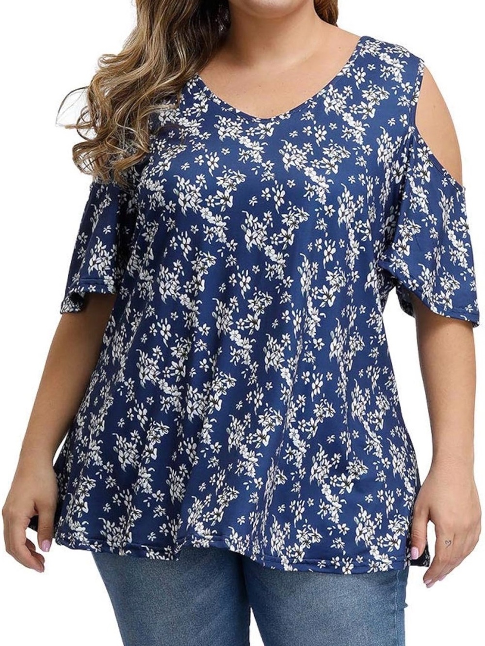 Plus Size Navy Floral Cold-Shoulder Tunic